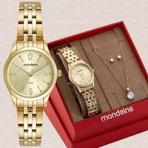Kit Relógio Mondaine Feminino com Colar e Brincos Semijoias Elegância Dourado 5ATM Estilo Clássico 32720LPMKDE1K1