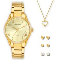 Kit Relogio Mondaine Feminino Dourado Coração Colar Brincos 99765lpmvde2 Original Garantia Prova Dagua