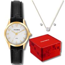 Kit Relógio Mondaine Feminino Mini Dourado Couro Preto 5atm 32794LPMKDH1K1