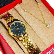 Kit Relógio Mondaine Feminino Original Dourado Numerico À Prova D'Água com NF Colar E Brincos 796DFP