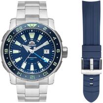 Kit Relógio Orient Masculino GMT Automático Prova Dágua 300 Metros Troca de Pulseira Silicone Prata NH3SS003 D1SX