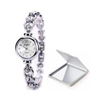Kit Relógio Prata Feminino De Pulso Pedras Strass + Espelho Kit Relógio Prata Feminino De Pulso Pedras Strass + Espelho