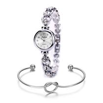 Kit Relógio Prata Feminino De Pulso Pedras Strass + Pulseira