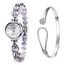 Kit Relógio Prata Feminino Pulseira Com Pedras + Bracelete