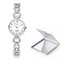 Kit Relógio Prata Moda Feminino Clássico Pequeno + Espelho