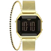 Kit Relógio Pulso Technos Feminino Led Digital Dourado Quadrado Elegante Presente Prova Dágua BJ3851AJ/K4P