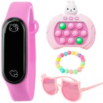 Kit Relogio Rosa Hello Kitty + Pop It + Oculos e pulseira Bracelete prova d agua