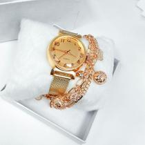 Kit relógio rosê Gold redondo grosso e pulseira feminina elegante
