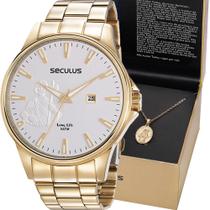 Kit Relógio Seculus Masculino Dourado Com Colar 35014GPSKDA1K1 Analógico 5 Atm Cristal Mineral Kit Relógio Seculus Masculino Dourado Com Colar 35014GPSKDA1K1 Analógico 5 Atm Cristal Mineral