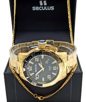 Kit Relógio Seculus Masculino Dourado + Corrente 70cm Luxo