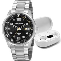 Kit Relógio Seculus Masculino Long Life com Fone Bluetooth 20802G0SVNA3K5