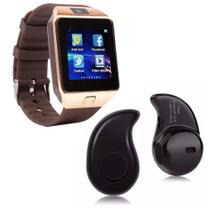 Kit Relógio Smartwatch Dz09 Dourado + Mini Fone Bt Preto