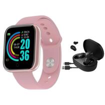 Kit Relógio Smartwatch Inteligente Y68 D20 com Fone sem fio V5.0 ROSA
