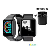 Kit Relogio Smartwatch Inteligente Y68 D20 + Fone inPods 12 Bluetooth - Preto