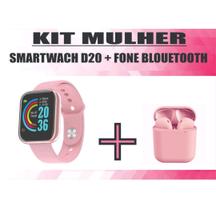 Kit Relogio Smartwatch Inteligente Y68 Pro + Fone inPods 12 Bluetooth - Rosa