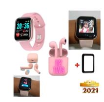 Kit Relogio Smartwatch Inteligente Y68 Pro Rosa + Fone inPods I12 Bluetooth - Rosa E Pelicula