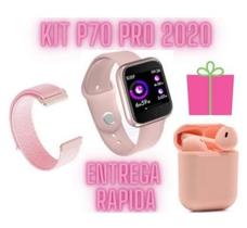 Kit Relógio Smartwhat P70 Rose + 2 Pulseiras + Fone Bluetooth I12 Rosa