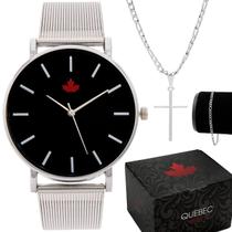 Kit Relógio Unissex QUEBEC Analógico QB010 - Prata e Preto + Corrente e Pulseira