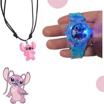Kit Relógios de Pulso Infantil Digital Led Menina Menino Pisca Luz Disney Stitch Angel Lilo + Colar cordão 3D Presente Kit Relógios de Pulso Infantil Digital Led Menina Menino Pisca Luz Disney Stitch Angel Lilo + Colar cordão 3D Presente