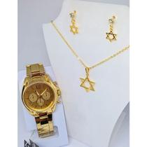 Kit Relógios Feminino Pallyjane Prova água Aço Inox + Cojunto Colar e Brincos Folheado Ouro Dourado Gold Rose Moda