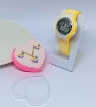 Kit Relógios Infantil Digital Luz Led Colorido Menina Esportivo Calendário + Conjunto Colar e Brincos Aço Coração