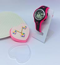 Kit Relógios Infantil Digital Luz Led Colorido Menina Esportivo Calendário + Conjunto Colar e Brincos Aço Coração