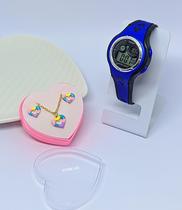 Kit Relógios Infantil Digital Luz Led Colorido Menina Esportivo Calendário + Conjunto Colar e Brincos Aço Coração