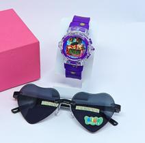 Kit Relógios Infantil Digital Pisca Luz Led Princesas Barbie Minnie + Óculos de Sol Meninas Coração Flexível Presente