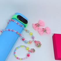 Kit Relógios Infantil Menina Bracelete Resistente aágua + Conjunto Colar Pulseira Pérolas 2 Presilhas Rabicó Moda Cor:Ve