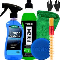 Kit Removedor de Chuva Acida Marcas Dagua do Vidro Prizm Limpa Vidros Pincel Aplicador Pano Par Luva