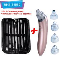 Kit Removedor De Cravos Espinhas Sucção + Curetas Pinças Extrator 7 Peças Inox