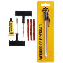 Kit Reparo De Pneu Remendo Medidor de Pressão Macarrão Cola