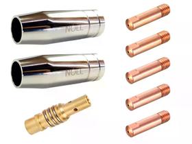 Kit Reposição para Tocha MIG 15ak: 2 Bocal 12mm Cromado + 1 Porta Bico / Difusor com Mola M6 + 5 Bicos de Contato 0,9mm - Maqpoint