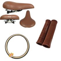 Kit Retrô Selim e Manopla Marrom + Pneus Faixa Bege