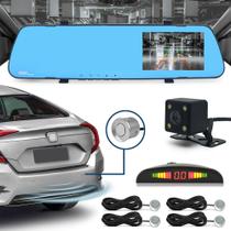 Kit Retrovisor C/ Tela + Câmera Ré E Frontal + Sensor Ré Prata Cromado Cromo Citroen C4 Estacionamento