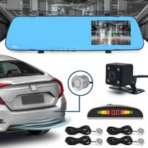 Kit Retrovisor C/ Tela + Câmera Ré E Frontal + Sensor Ré Prata Ford Fiesta 2012 2013 2014 2015 2016 Estacionamento