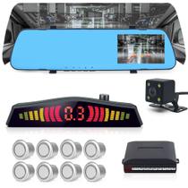 Kit Retrovisor C/ Tela + Câmera Ré + Sensor 8 Pontos Prata Citroen C3 2008 2009 2010 2011 2012 Buzzer Linhas Referência