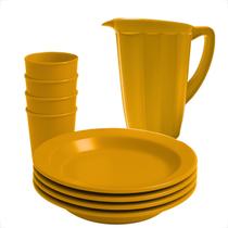 Kit Reutilizável Jarra Plástica 1,7L + 4 Copos + 4 Pratos P/ Escola Creches Festas Plástico Versátil Kit Reutilizável Jarra Plástica 1,7L + 4 Copos + 4 Pratos P/ Escola Creches Festas Plástico Versátil