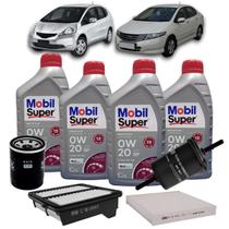 Kit Revisão 4 Litros de Óleo Mobil 0W20 API SP ILSAC GF-6 Sintético + Kit de Filtros Mann Filter Honda City Fit 1.4/1.5 16V Flex 2009 até 2014