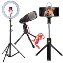 Kit Ring Light 26cm Pro Usb com Tripé 2m + Selfie Stick + Microfone Condensador