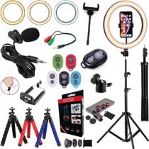 Kit Ring light 26cm Tripé 2m Lentes Microfone Acessórios Vídeos no Celular Tiktok Youtuber