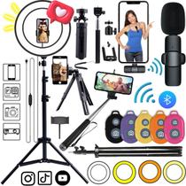 Kit Ring light 26Cm Tripé Celular Bastão Microfone Bluetooth - PDIMPORT