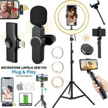 Kit Ring Light Led Tripé Microfone Lapela Sem Fio para iPhone Filmagem Profissional