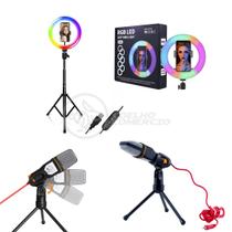 Kit Ring Light RGB com Suporte de Celular Incluso + Microfone de Podcast SF-666 + Tripé de 1,5m