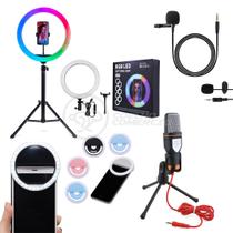 Kit Ring Light RGB + Tripé de 1,5m + Lapela + Microfone Podcast SF-666 + Mini Ring Light de Celular