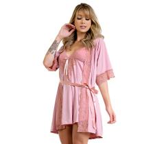 Kit Robe Com Camisola de Dormir Feminina Pijama Luxo Linha Noite