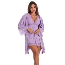 Kit Robe Com Camisola Manguinha Renda Sensual Noiva Lua de Mel