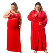 Kit Robe Longo com Camisola Amamentação Longa Plus Size Feminino Renda Elegante Confortável