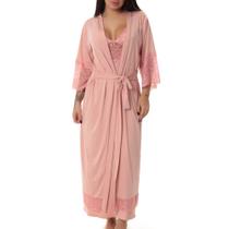 Kit Robe Longo E Camisola Longa Decote Microfibra Renda Luxo Cor:RomanceTamanho:M Kit Robe Longo E Camisola Longa Decote Microfibra Renda Luxo Cor:RomanceTamanho:M