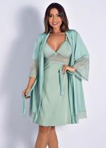 Kit Robe Roupão de Banho + Camisola Com Renda Lingerie Luxo Conforto